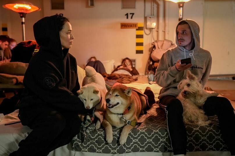 Пара и их собаки сидят на подземной парковке отеля, превращенной в бомбоубежище во время воздушной тревоги в Киеве, Украина. 27 февраля 2022