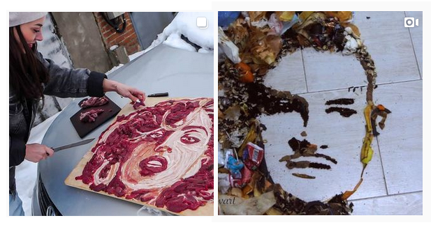 In response to Morgenstern and Lady Gaga work the artist created portraits originated from a garbage can and raw meat