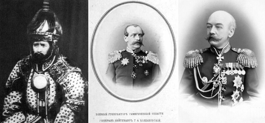 The protagonists of the Ili epic: Sultan Abil-oglu, who led the Uighur uprising against the Chinese, and then unsuccessfully tried to defend his sultatate from the Russian troops. The winner of the Sultan, General Gerasim Kolpakovsky, who later became the governor of Semirechye. Governor-General of Turkestan Konstantin Kaufman. 