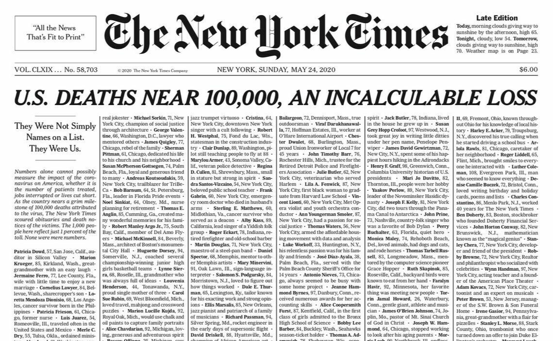 The names of thousands of dead were published in the front page of the New York Times