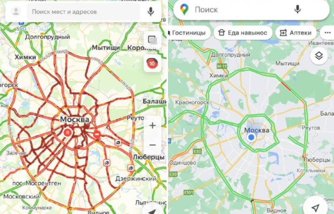 Yandex.Maps service showed non-existent traffic jams in Moscow at night